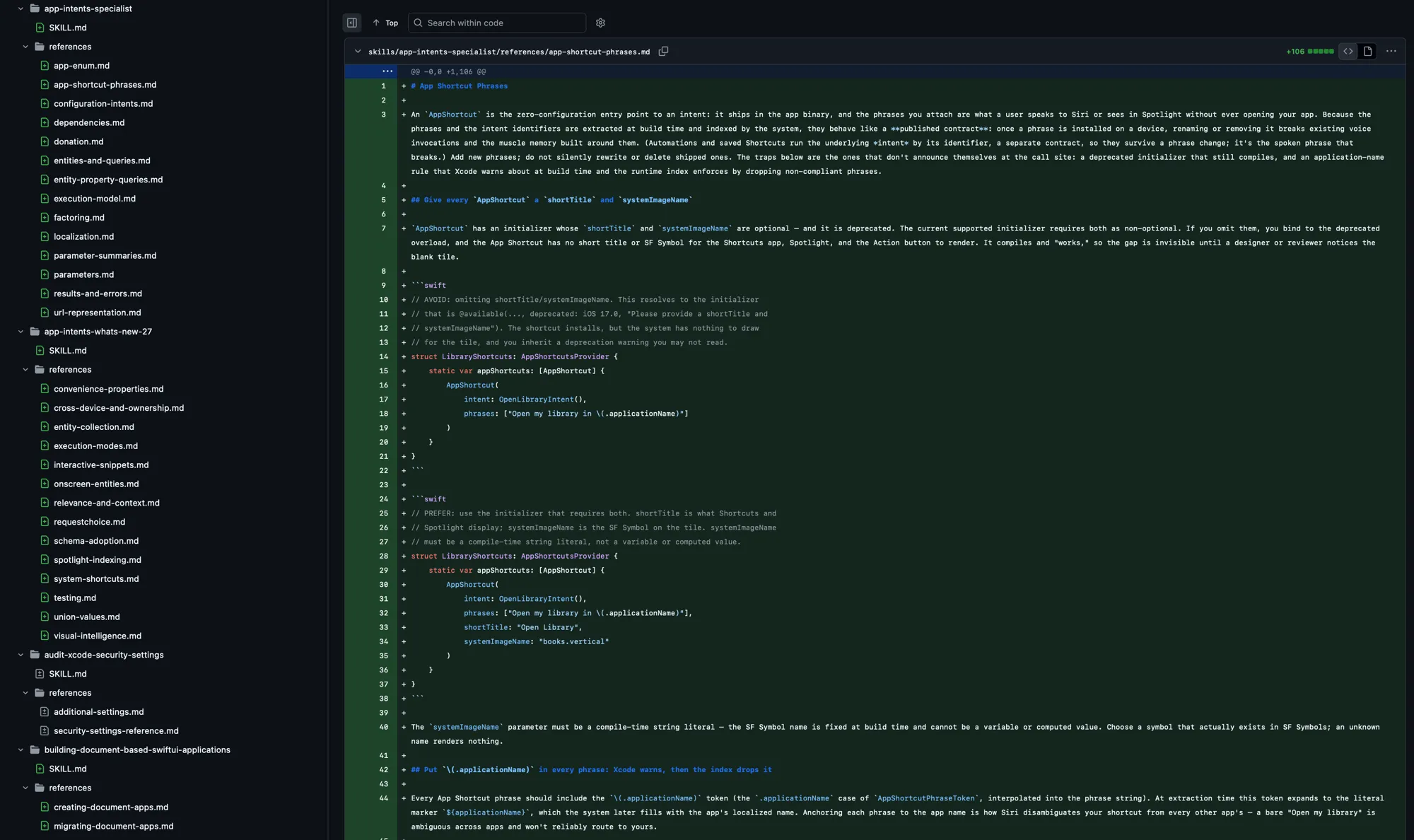 The beta 5 commit on GitHub. The sidebar lists the reference files added for app-intents-specialist and app-intents-whats-new-27, and the diff shows the new app-shortcut-phrases.md reference in full.